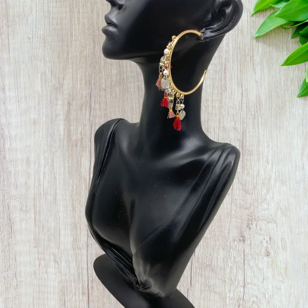 Vintage Y2K Bohemian Tassel Dangle Hoop Earrings Pierced Gold Tone Carded Hippie